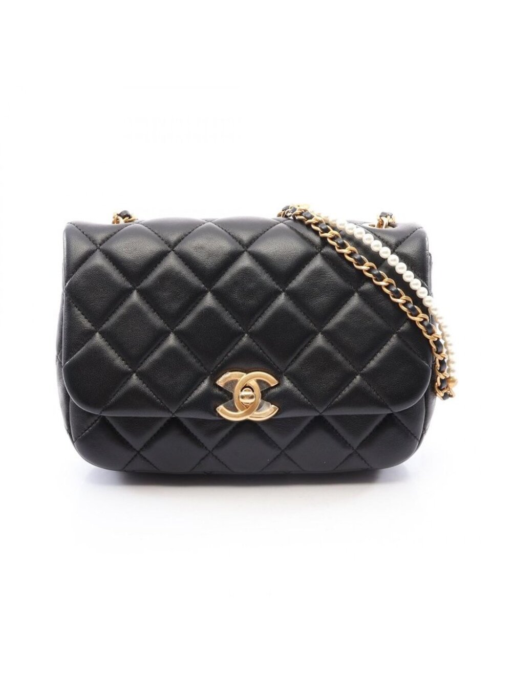 Chanel Shoulder Bag Quilted Faux Pearl Black Lambskin Small Flap Chain